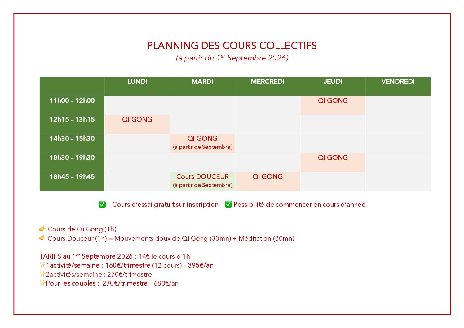 PLANNING DES COURS COLLECTIFS